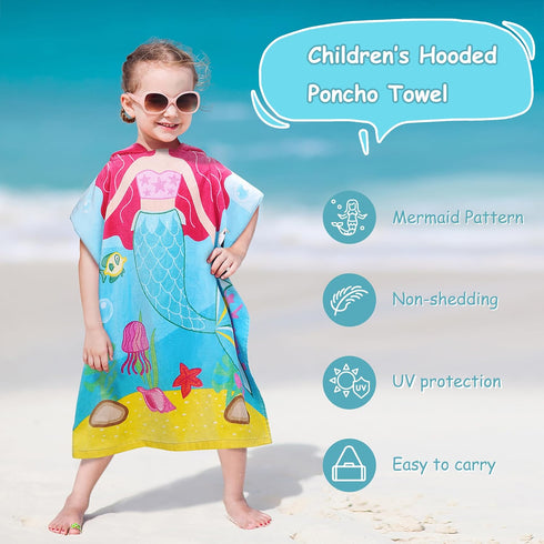 Catalonia Mermaid Hooded Bath Towel for Girl 2-6 Years Old, 100% Cotton Swim Poncho Towel, Sand Proof Beach Pool Towel