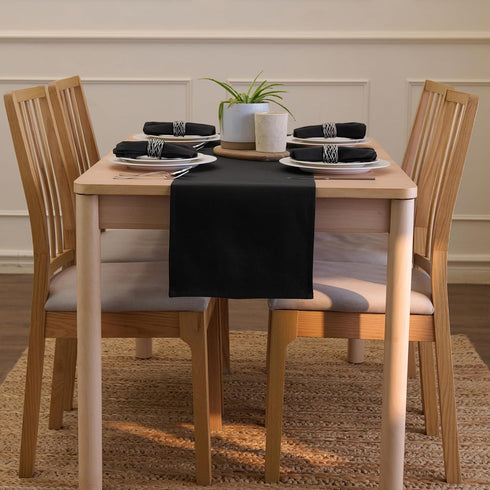 Encasa XO Table Runner 13x104 in Long, Cotton Canvas Fabric, Jet Black Solid Color, Machine Washable & Durable