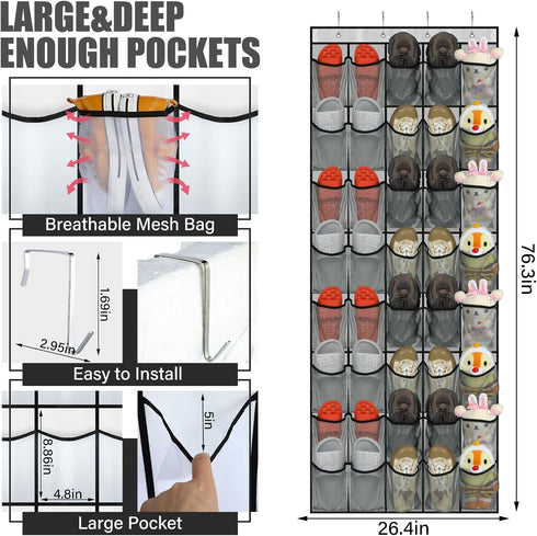 40 Large Over the Door Shoe Organizer Shoe Rack for Door Gray Mesh Pockets Hanging Shoe Organizer for Closet Shoe Holder Rack Behind Door Hanger Hanging Shoe Rack Nonslip Holder for Shoes