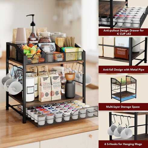 Countertop 42 Homsorout Coffee Bar Organizer - Coffee Station, K Cup holder Storage Basket with Drawer and Hooks