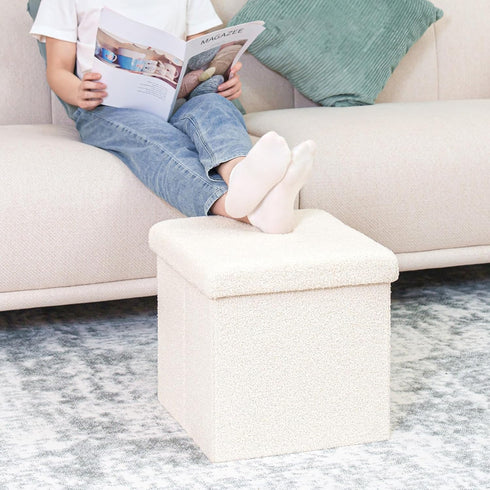 15"x15"x15" B FSOBEIIALEO Small Storage Ottoman Cube Sherpa Ottomans Foot Rest, Foldable Boucle Ottoman, Faux Teddy