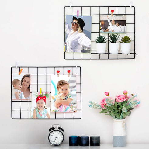 2 Pack Wire Wall Grid Panel - Black Magnetic & Metal Grid for Photos & Pictures Display in Home or Office