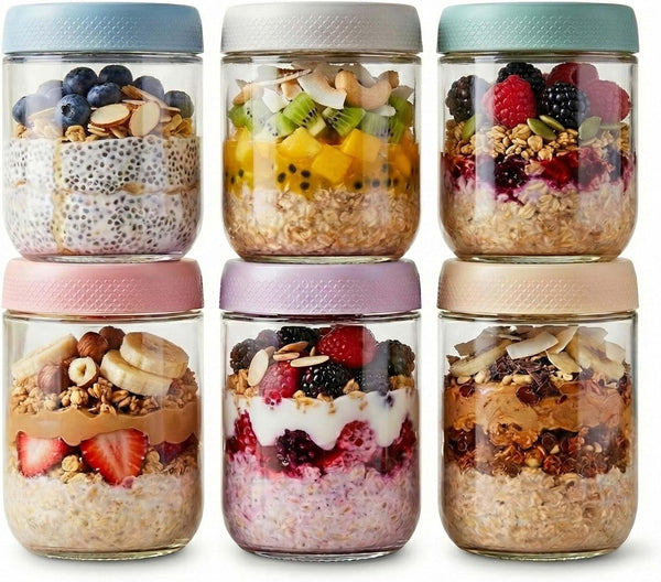 JBHO 6-pack 16 oz Overnight Oats Containers with Lids, Glass jars with