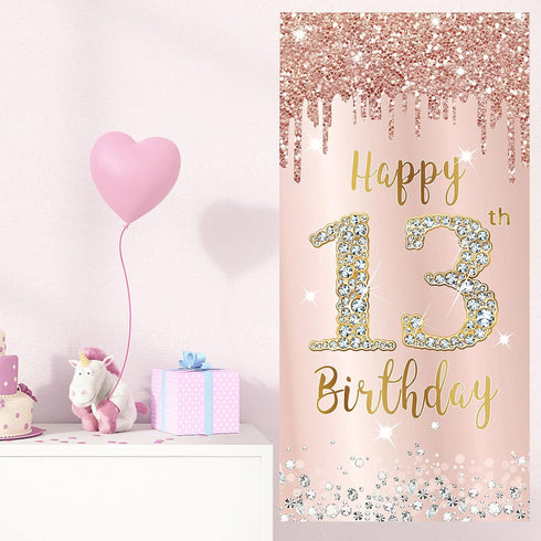 Happy 13th Birthday Door Banner Backdrop Decorations for Girls, Pink Rose Gold 13 Birthday Party Supplies