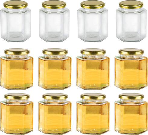 Encheng 16 oz Clear Hexagon Jars with Lids (Golden), Mason Jars for Honey, Foods, Jams, Liquid, Spice Jar, 12 Pack