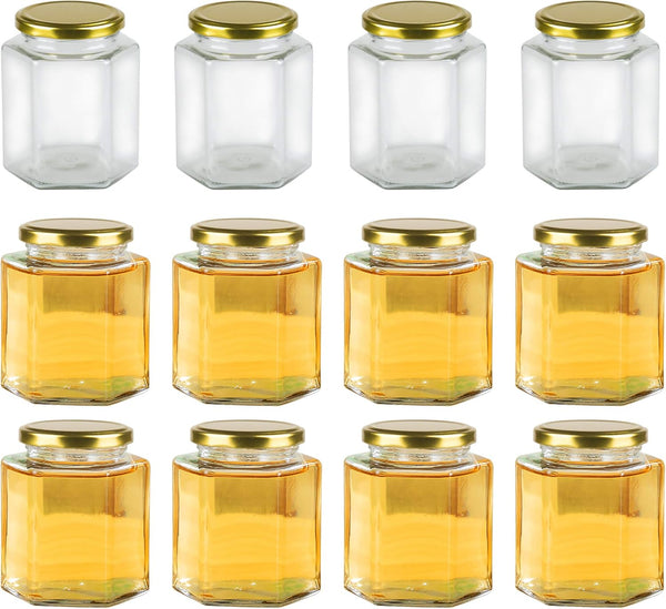 Encheng 16 oz Clear Hexagon Jars with Lids (Golden), Mason Jars for Honey, Foods, Jams, Liquid, Spice Jar, 12 Pack