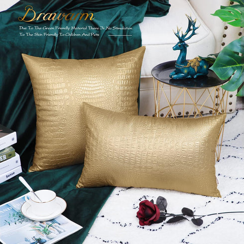 BRAWARM Gold Faux Leather Pillow Covers 12 x 20 Inches, Pack of 2 Crocodile Decorative Lumbar Throw Pillows