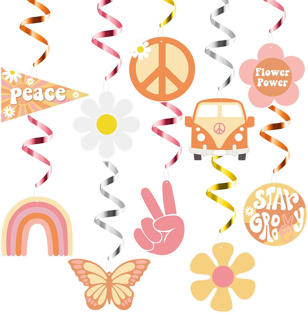 A1diee 30Pcs Groovy Retro Hippie Party Swirls Decor, Colorful Glitter Foil Ceiling Hanging Swirls for Birthday