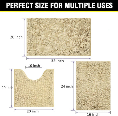 Bath Rugs Chenille 3-Piece Set, Extra Soft Absorbent Shag Beige Bathroom Mats, Machine Wash, Non-Slip Underside