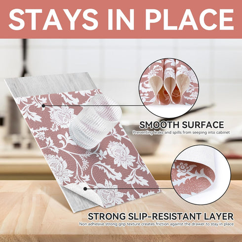 RAY STAR Shelf Liner, Non-Adhesive Pink Floral Kitchen Cabinet Liner, Strong Grip Non-Slip, 18 Inch x 8 FT (4 Rolls)