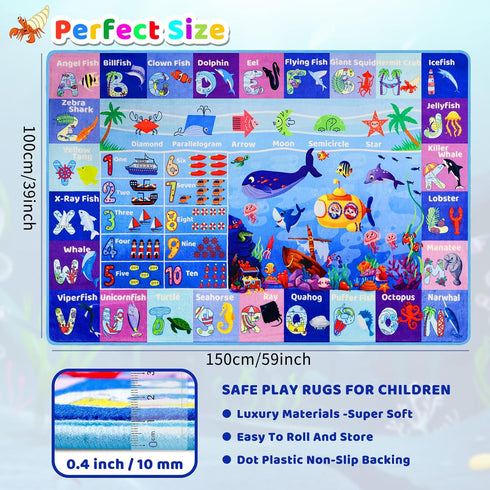 DINSUMRUG 59"39.4" ABC Kids Rug for Playroom Ocean Rug Baby Play Mat Alphabet Mat Sea Animal Number Shape Classroom