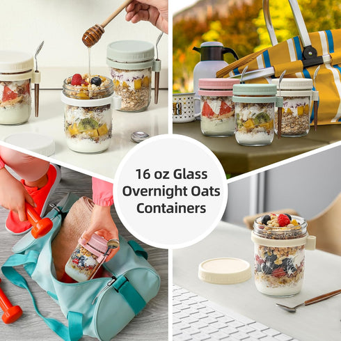4 Pack 16 oz Overnight Oats Containers with Lids and Spoons, Glass Mason Jars with Airtight Lids, Overnight Oats Jars