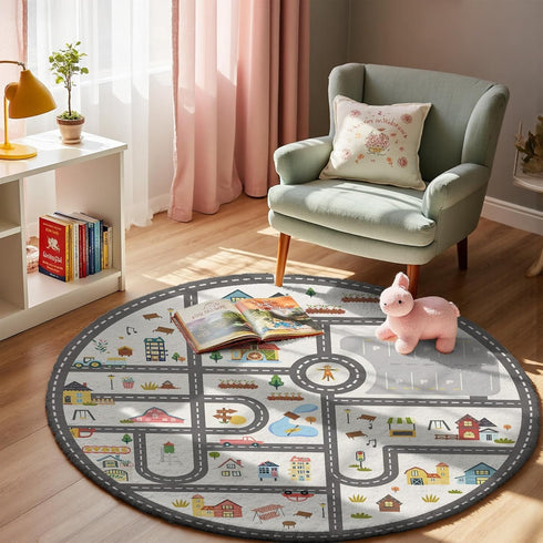 3.3ft Round Kids Town Road Car Play Rug - Non-Slip Faux Wool Carpet with Interactive City Map Design, Educational Toy