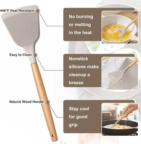 E-far Silicone Cooking Utensils Set, 10-Piece Heat Resistant Kitchen Tools with Wooden Handle