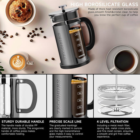 French Press Coffee Maker, 34oz / 1 Quart, 304 Stainless Steel, with 4 Filters System, Heat Resistant Glass