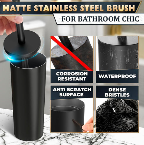 Set Black Toilet Brush and Holder - Scratch Resistant Black Toilet Bowl Brush and Holder with Soft Bristles Replaceable