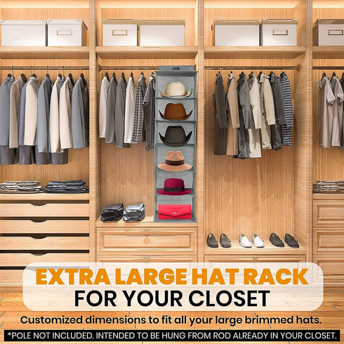Boxy Concepts 6-Shelf Cowboy Hat Organizer Rack - 13in Wide X-Large Grey, Hat Rack for Wall Mount Hook & Loop
