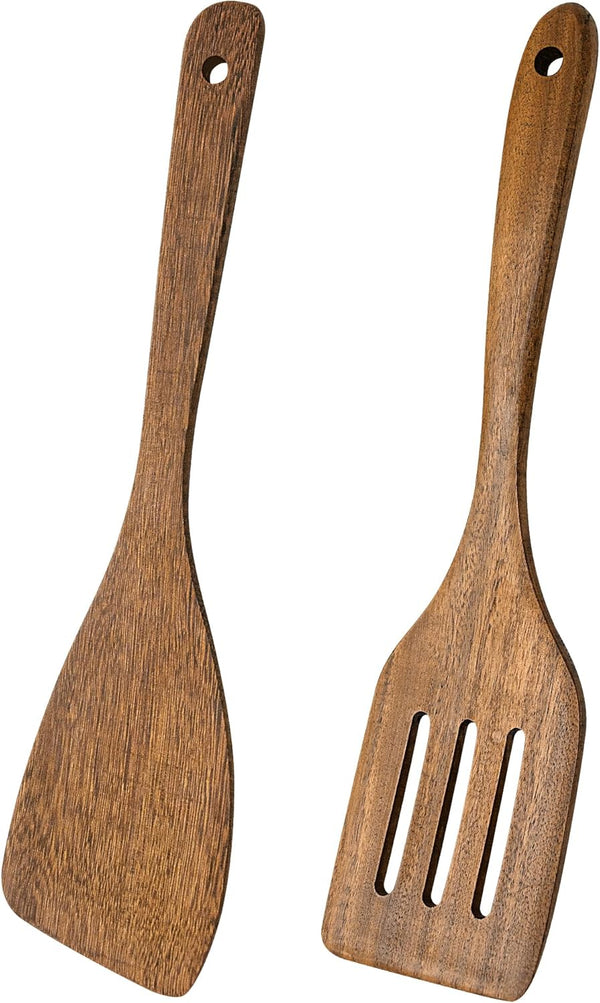 Wooden Spatula for Cooking, 12 Inches Slotted and Angled Solid Turner Utensils for Nonstick Cookware, 2 Pack