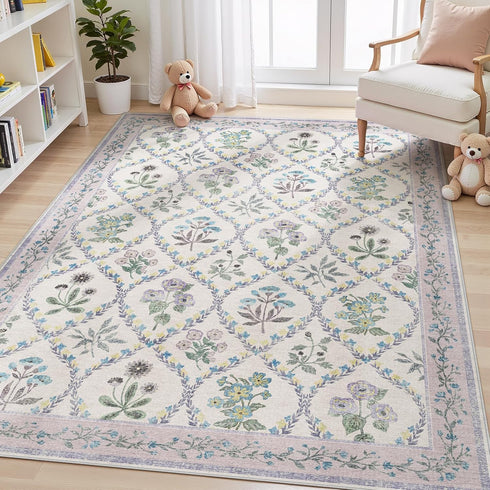 5x7 Purple Rug for Girls Room, Washable Boho Floral Area Rugs for Living Room, Cute Ultra-Thin Non Slip Indoor Girls