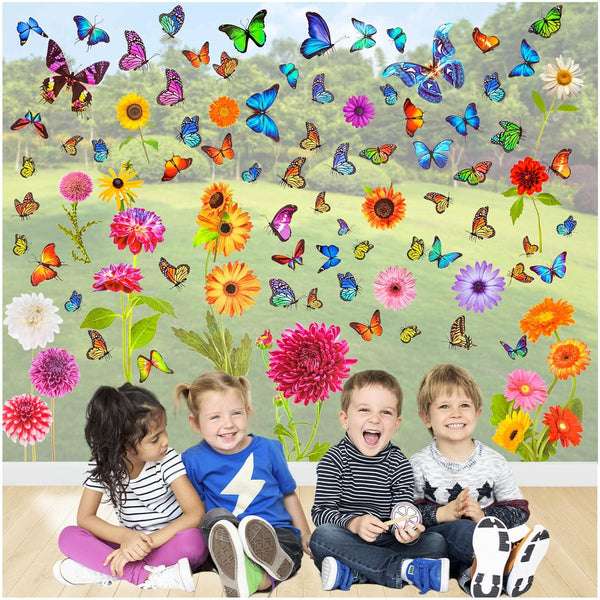 Spring Window Clings, 83Pcs Colorful Flower Butterfly Anti-Collision Decals for Baby Shower Decoration