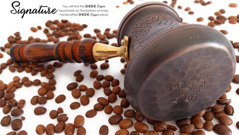 PCZ Series Thickest Solid Copper Engraved/Stamped Turkish Greek Arabic Coffee Pot, 6 fl.oz, Wooden Handle, Antique