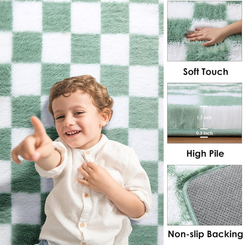 KICMOR 5x8 Cozy Living Room Rugs Sage Green and White, Large Fluffy Furry Shaggy Fuzzy Checkered Area Rug Bedroom Big