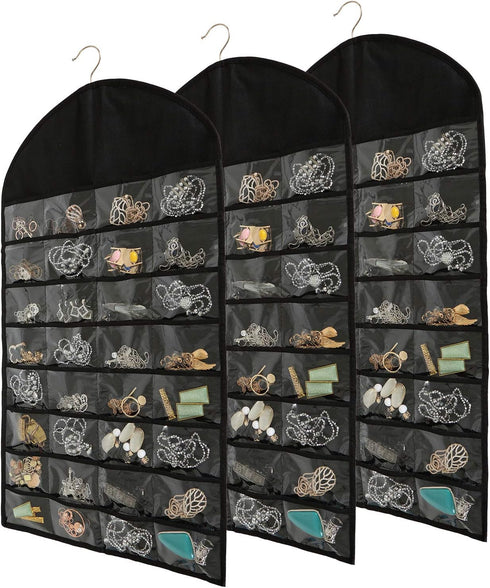 Foraineam 3 Pack Jewelry Organizer, 32 Pockets, 18 Hooks and Loops for Necklace, Earrings, Bracelet Storage
