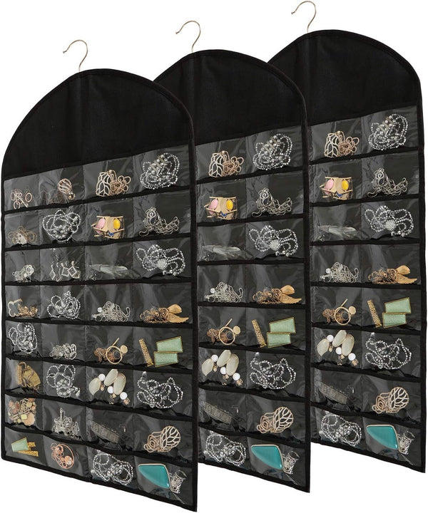 Foraineam 3 Pack Jewelry Organizer, 32 Pockets, 18 Hooks and Loops for Necklace, Earrings, Bracelet Storage