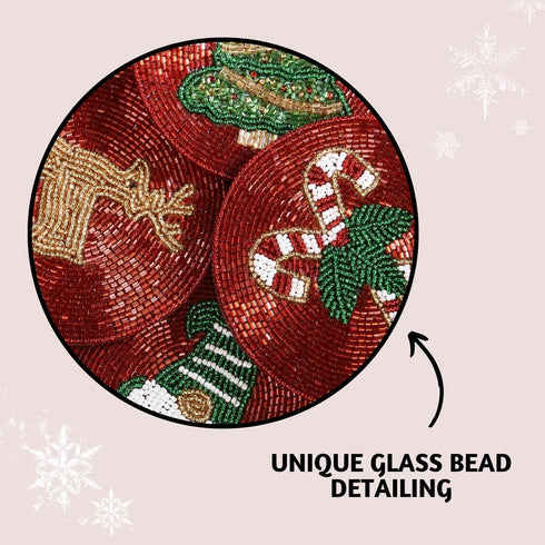 Set 4 (4") Folkulture Coasters of | Holiday Magic Beaded Handmade Round Drink Coasters for Coffee Table & Bar | Boho