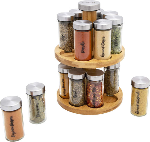 Orii 16 Jar Spice Rack with Included Spices - Rotating 2 Tier Bamboo Wood Countertop Organizer for Kitchen
