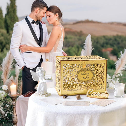 OurWarm Glittery Gold Wedding Card Box with Lock, Wood Gift Box for Reception, Party Decorations