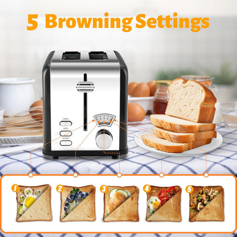 HealSmart 2 Slice Stainless Steel Toaster with Extra Wide Slot, 5 Shade Options, Bagel/Defrost/Cancel Functions, Black