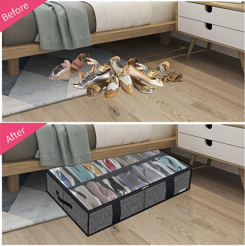 Onlyeasy 2 Pack Under Bed Shoe Storage Bag Organizer for 14+4 Pairs, Collapsible Container with Handles - Linen-like