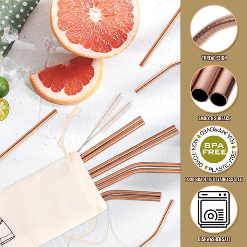 Hiware 12-Pack Rose Gold Metal Straws, Reusable with Case, Stainless Steel Drinking Straws for Tumblers