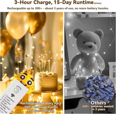 8 2 Pack 16FT 50LED ZSJWL Rechargeable Fairy Lights with DIY Timer & Modes, String Lights Battery Operated Indoor