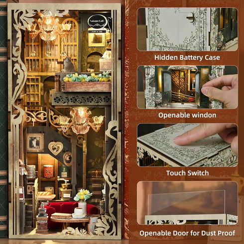 3D CCCDF Book Nook Kits for Adults and Teens, DIY Miniature Dollhouse Kit Wooden Puzzle Booknook Bookend with LED