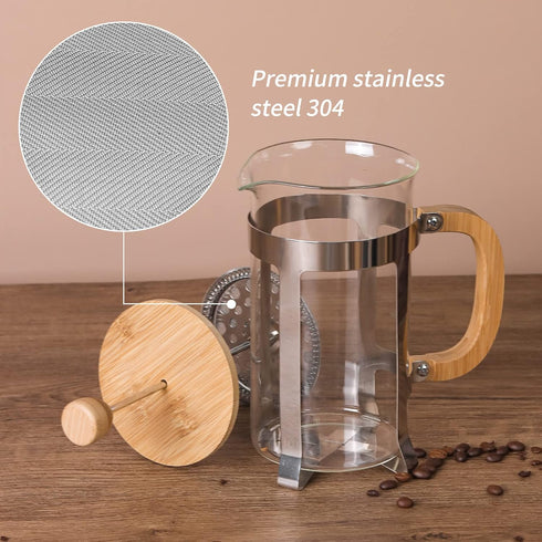 Sivaphe 34 OZ Bamboo French Press | Stainless Steel High Borosilicate Glass 1000ML Espresso/Tea Maker Coffee Serving