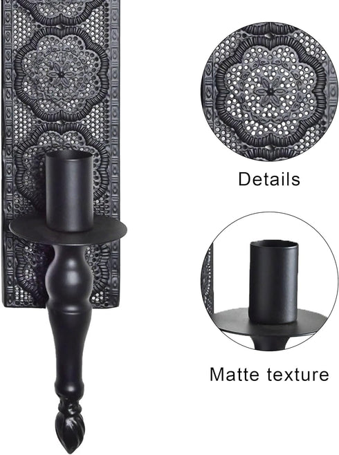 Set 2 18inch Vintage Black Wall Sconce Candle Holder with Intricate Pattern, Rustic Metal Taper Candle Holders
