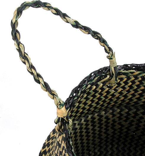 Woven Seagrass Belly Basket for Storage, Plant Pot Basket, Laundry, Picnic, and Grocery Basket (Medium, black strips)