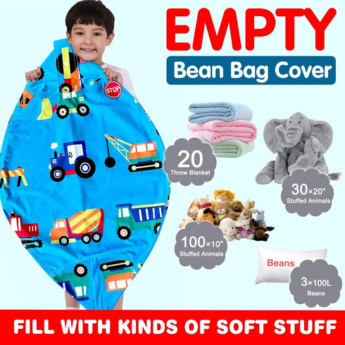 Lukeight Stuffed Animal Storage Bean Bag Chair Cover for Kids, XX-Large Construction Zipper Cover for Organizing Plush