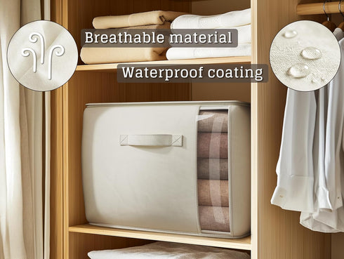 Large Canvas Clothes Storage Bags, 2 Pack, Foldable Cotton Linen Organizer with Thick Handles and Clear Window, Beige