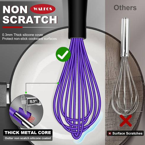 Walfos Whisk,8.5+9+11in Silicone whisk, BPA free Whisks for Cooking Non Scratch. Heat Resistant(450°F) Wisk. Perfect for Blending, Mixing, Beating etc.Dishwasher Safe.Set of 3(Red+Purple+Green)