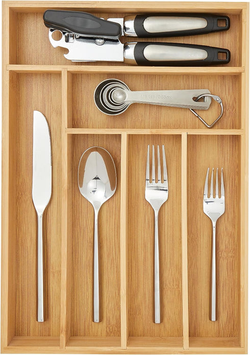 Juvale Bamboo Silverware Drawer Organizer, 6 Slots Wooden Cutlery Tray Holder for Kitchen, 14.5 x 10.25 x 1.75 In
