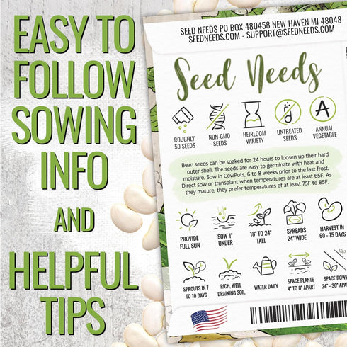 Seed Needs Lima Bean Seeds for Planting Henderson Lima Beans - Non-GMO Heirloom & Untreated Vegetable Seed to Plant a