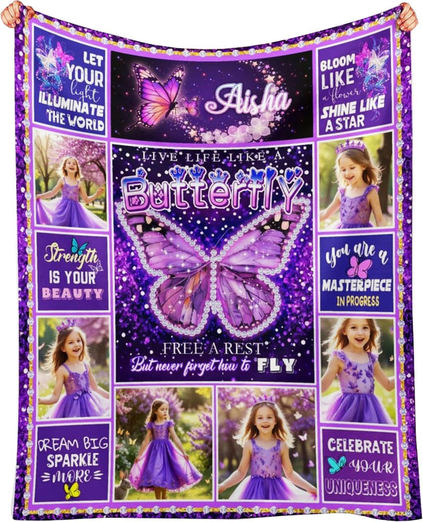 Custom Butterfly Blanket with Name for Kids Girls, Personalized Baby Receiving Blankets