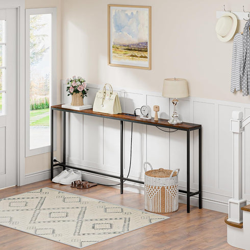 70.8" Console Table with Power Outlet, Wood Narrow Sofa Platform with Charging Station, Entryway Hallway Behind Couch