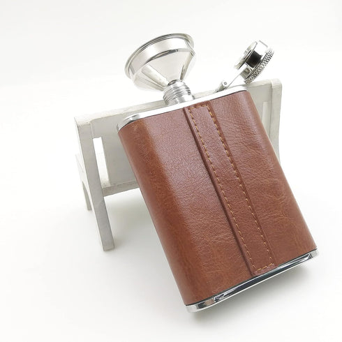3oz Brown Red Leather Wrapped Hip Flask with Funnel, 18/8 Stainless Steel (YM102)