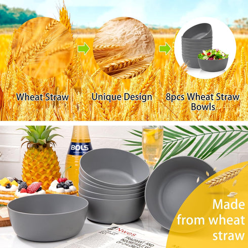 EI 8pcs Wheat Straw Bowls, 28oz Unbreakable Reusable Plastic Bowls, Microwave and Dishwasher Safe, BPA Free