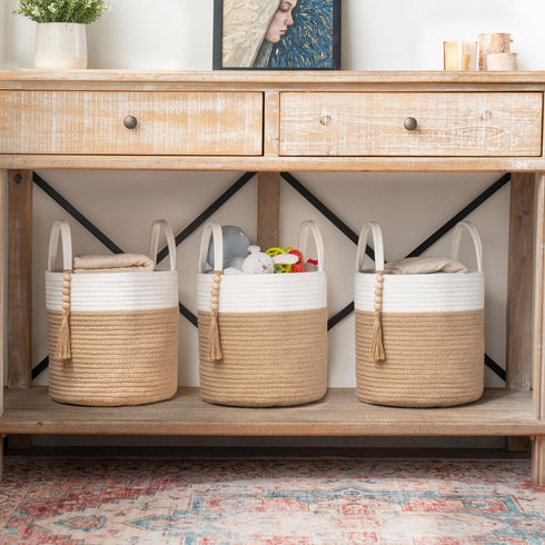 Mkono Woven Storage Basket Small Decorative Rope Basket Wooden Bead Decoration for Blankets Toys Clothes Shoes Organizer Bin with Handles Plant Basket Indoor Home Decor, 11" W x 11"L,White and Yellow by Mkono