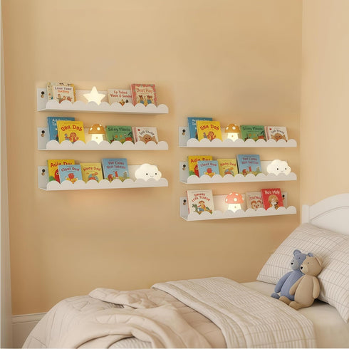Set 6, 16 Inch Nursery Book Shelves of White Metal Floating Shelves for Wall, Scalloped Book Shelf for Kids Room